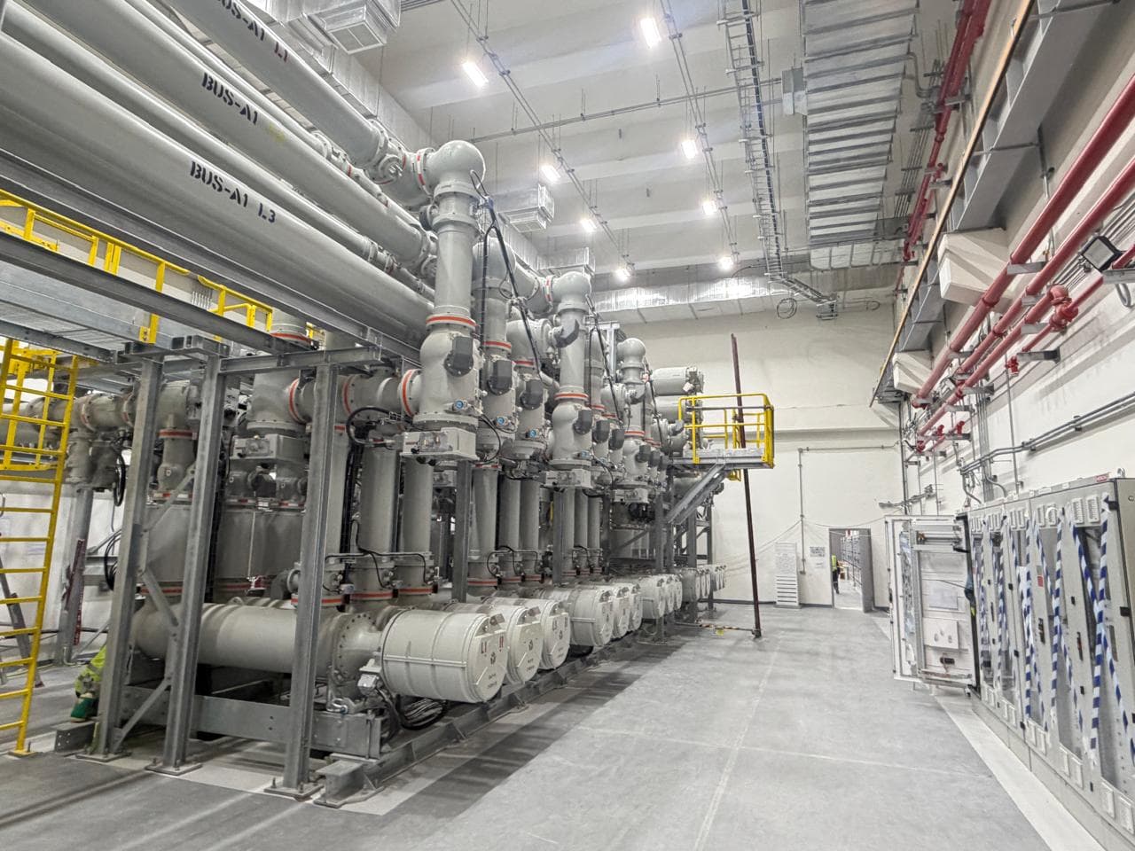 Gas-insulated switchgear (GIS) hall in a high-voltage substation